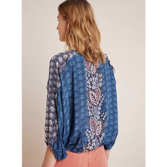 Maeve by Anthropologie Women's Letizia Ruffled Blouse Size S Blue Floral Boho - Picture 3 of 9